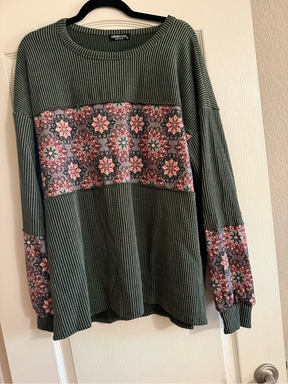 HEIMISH USA Olive Green Sweater with Pink Floral Panels 1X